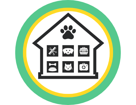 an icon of a dog house with a paw at the top and images of a dog, cat, pet carrier, food bowls, a camera, and scissors. Framed in a green and gold circle 